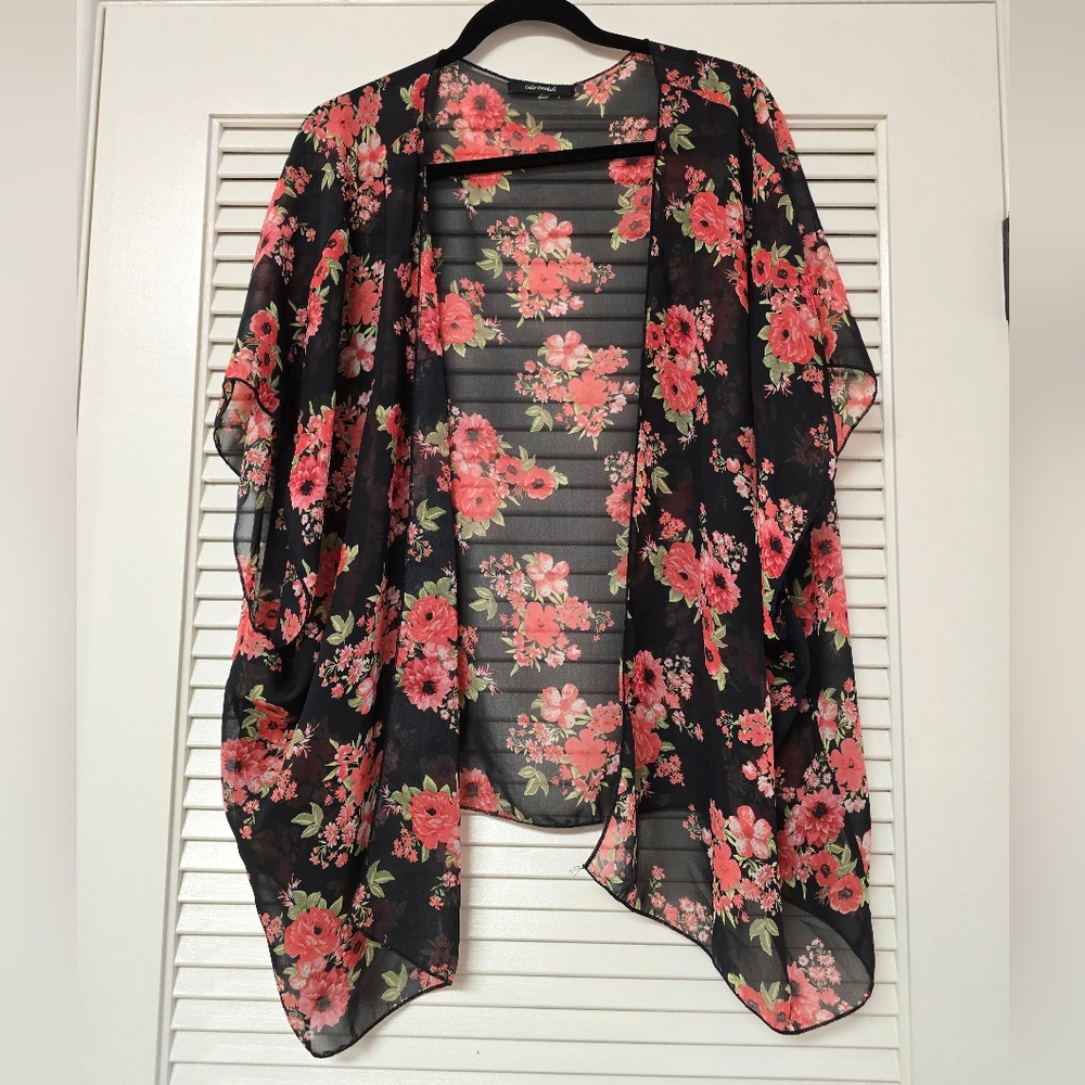 Color Swatch - (Plus-Size) Sheer Floral Flowy Open Lightweight Cardigan S…